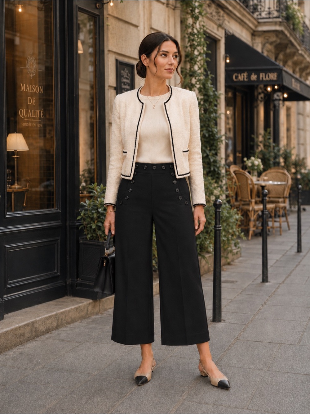 Level 99 Black Sailor Button Cropped Wide Leg Trousers Hi Rise | Classic Neutral